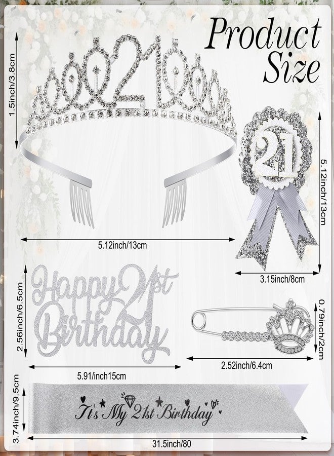 Solsew 21st Birthday Decorations for Her, Including 21st Birthday Sash, Corsage, Rhinestone Tiara Crown, Badge Pin, Cake Toppers 21 Year Old Gifts for Her(Silver) - Image 2
