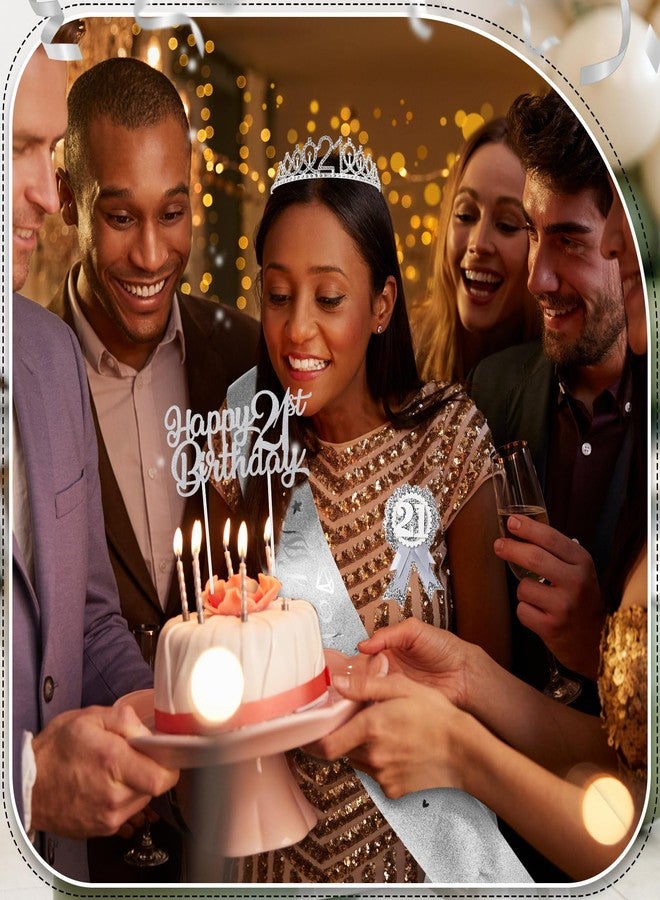 Solsew 21st Birthday Decorations for Her, Including 21st Birthday Sash, Corsage, Rhinestone Tiara Crown, Badge Pin, Cake Toppers 21 Year Old Gifts for Her(Silver) - Image 4