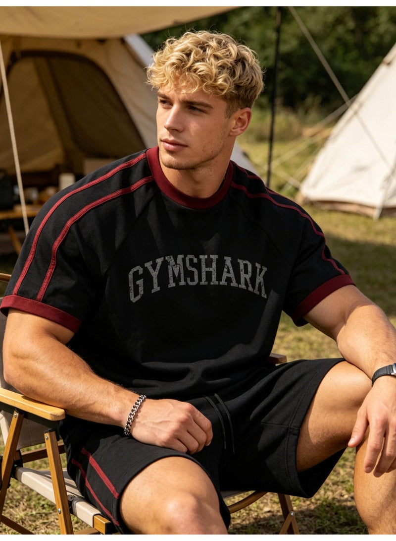 جيمشارك GYMSHARK American retro sports T-shirts for men and women with the same contrast color, short sleeves and loose breathable fitness and leisure tops. - Image 1