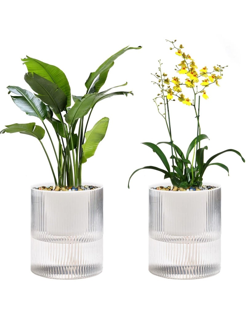 SYOSI Flower Pot Automatic Watering 4-inch Indoor Planter Double-layer Transparent White Plastic Flowerpot Water Storage Family Cylindrical Rib Decoration Violet Orchid Aloe Herb Absorption Free - Image 1