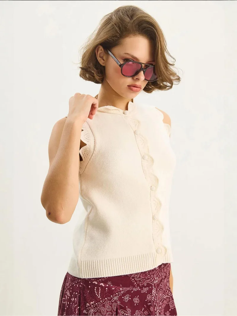 Bianco Lucci Cream Natural LUCCI Frilly Crew Neck Knit Waistcoat for Women | Best Price UAE