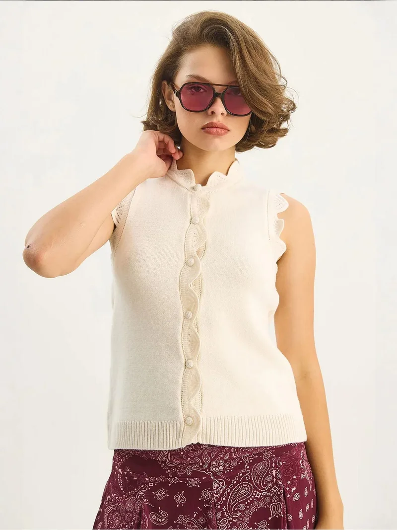 Bianco Lucci Cream Natural LUCCI Frilly Crew Neck Knit Waistcoat for Women | Best Price UAE