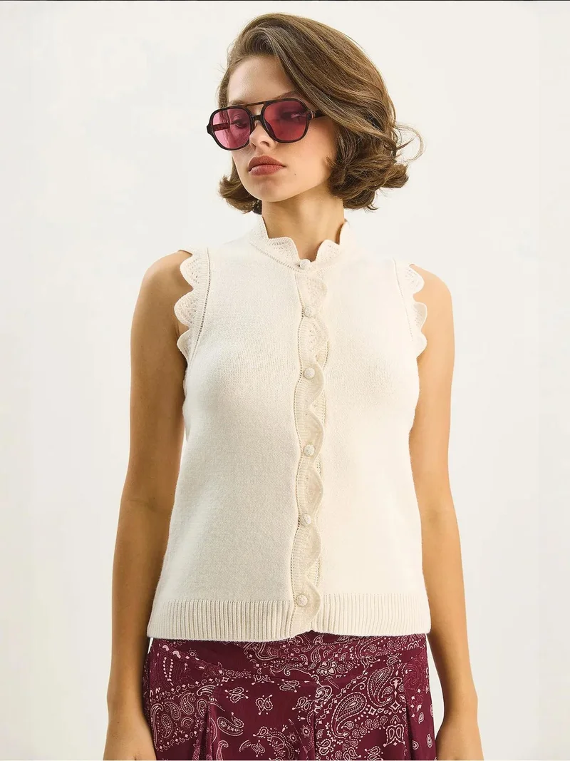 Bianco Lucci Cream Natural LUCCI Frilly Crew Neck Knit Waistcoat for Women | Best Price UAE