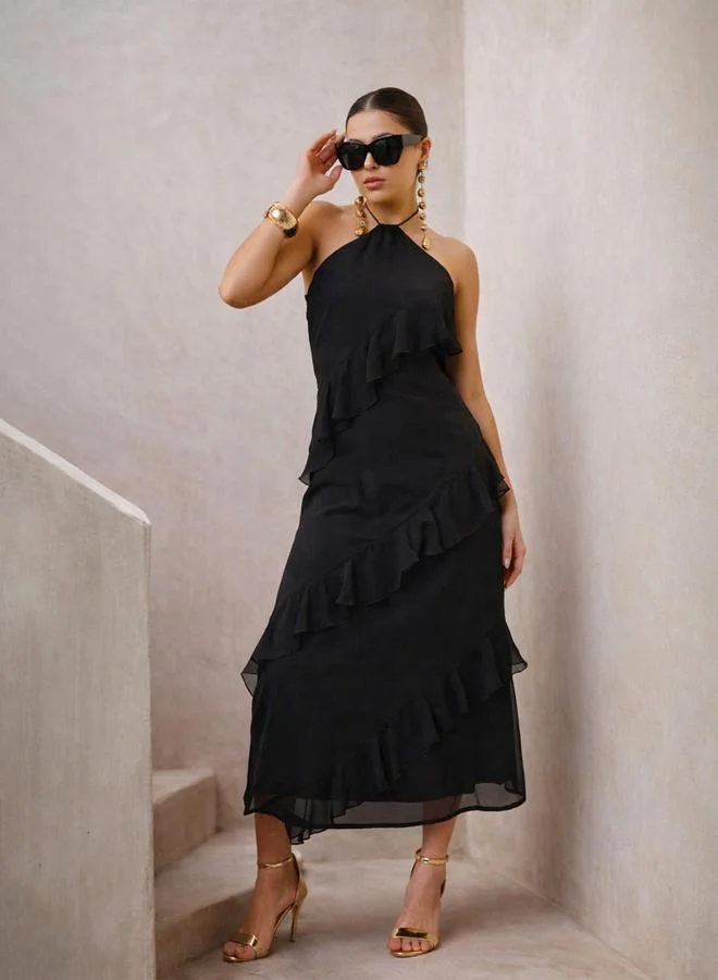 SASSAFRAS Black Halter Neck Ruffled Midi Dress