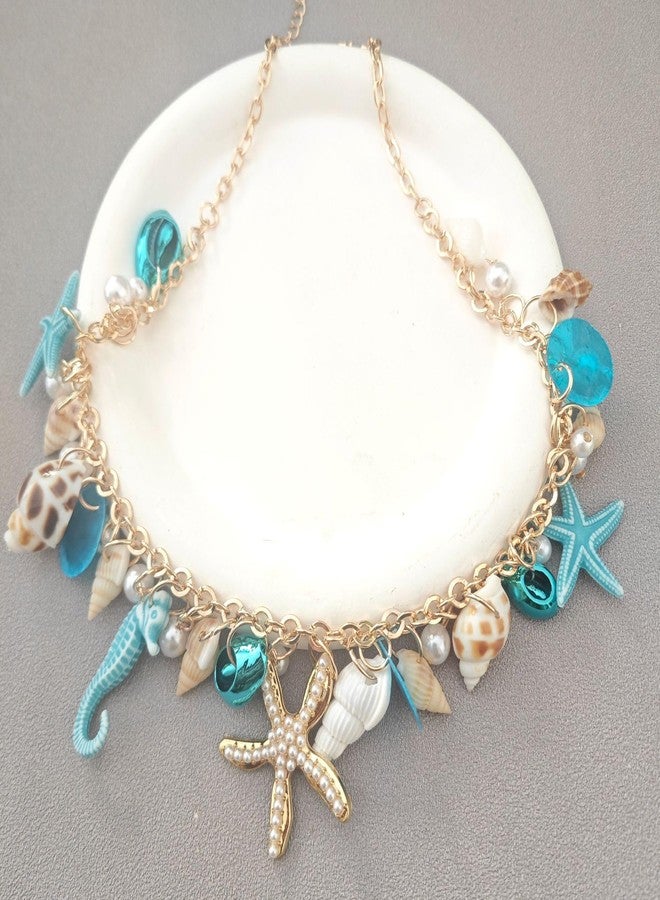 CSIYANJRY99 Seashell Starfish Mermaid Necklace for Women Sea Shell Pearl Choker Collar Necklace Boho Summer Mermaid Costume Accessories Beachy Jewelry (B:Blue Starfish Seashell) - Image 5