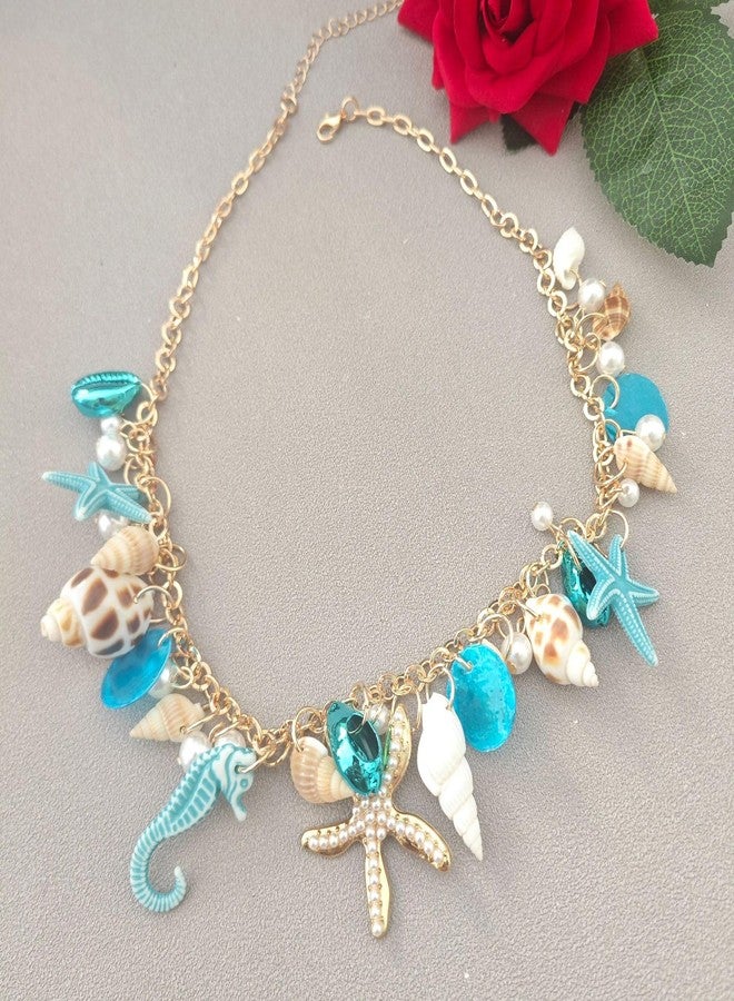 CSIYANJRY99 Seashell Starfish Mermaid Necklace for Women Sea Shell Pearl Choker Collar Necklace Boho Summer Mermaid Costume Accessories Beachy Jewelry (B:Blue Starfish Seashell) - Image 4