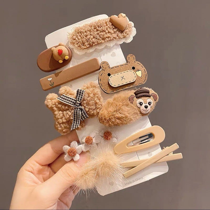 Generic Cute Plush Bear Hair Clips Autumn Winter Childrens Floral Non-Damage Headwear Curry color Monkey10 piece set