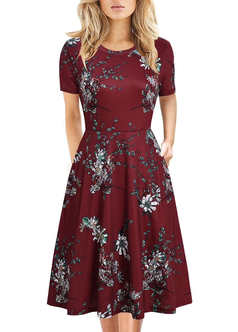 HELYO Women's Elegant Vintage Business Casual Floral Print Work Party A-Line Swing Dress with Pockets 162 (L, Burgundy Floral) - Image 1
