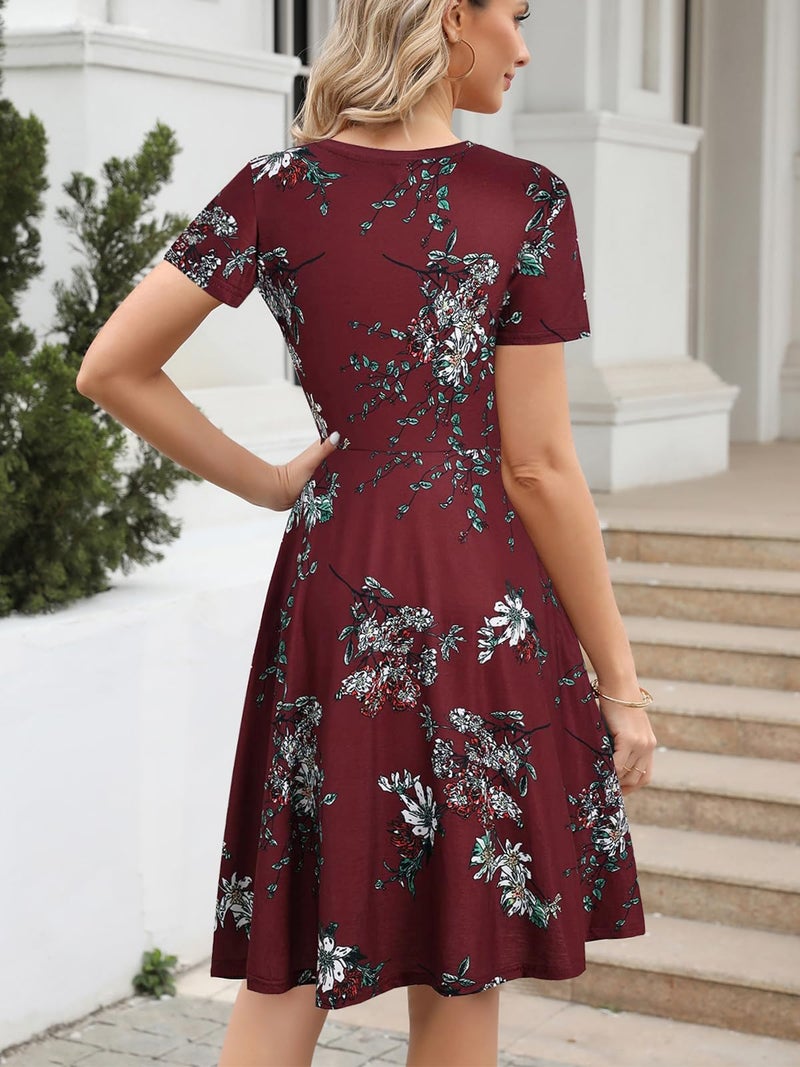 HELYO Women's Elegant Vintage Business Casual Floral Print Work Party A-Line Swing Dress with Pockets 162 (L, Burgundy Floral) - Image 2