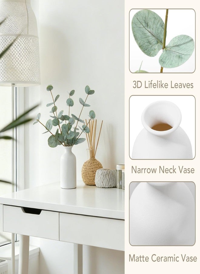 dallisten Artificial Eucalyptus Stems with Ceramic Vase, 13'' Fake Plants for Home Decor, White Vase with Greenery for Modern Farmhouse Boho Decor, Table Centerpiece for Room Bathroom Kitchen Mantle - Image 3