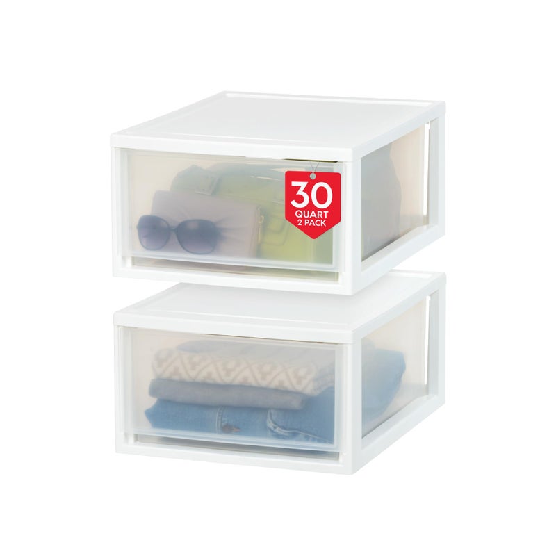 IRIS IRIS USA 30 Qt Plastic Drawer Storage Organizer Stacking Drawers 2Pack Stackable Unit with Sliding Drawer for Clothes Bedroom Kitchen Under Sink Pantry Craft Room Bathroom Dorm Office White