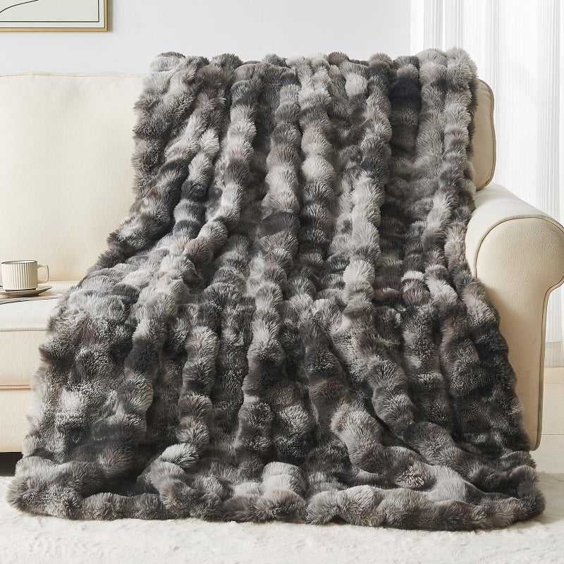 Lotus Karen Lotus Karen Faux Fur Blanket Tie-Dye Dark Gray Twin Size - Big Bubble Rabbit Fluff Blanket for Couch  Small Fluffy Fuzzy Cozy Blanket  Thick Furry Plush Shaggy Blankets  60x80 Inches  - Image 1