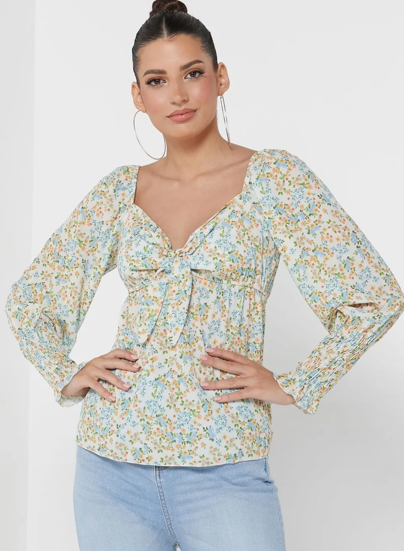 boohoo Tie Detail Floral Print Top