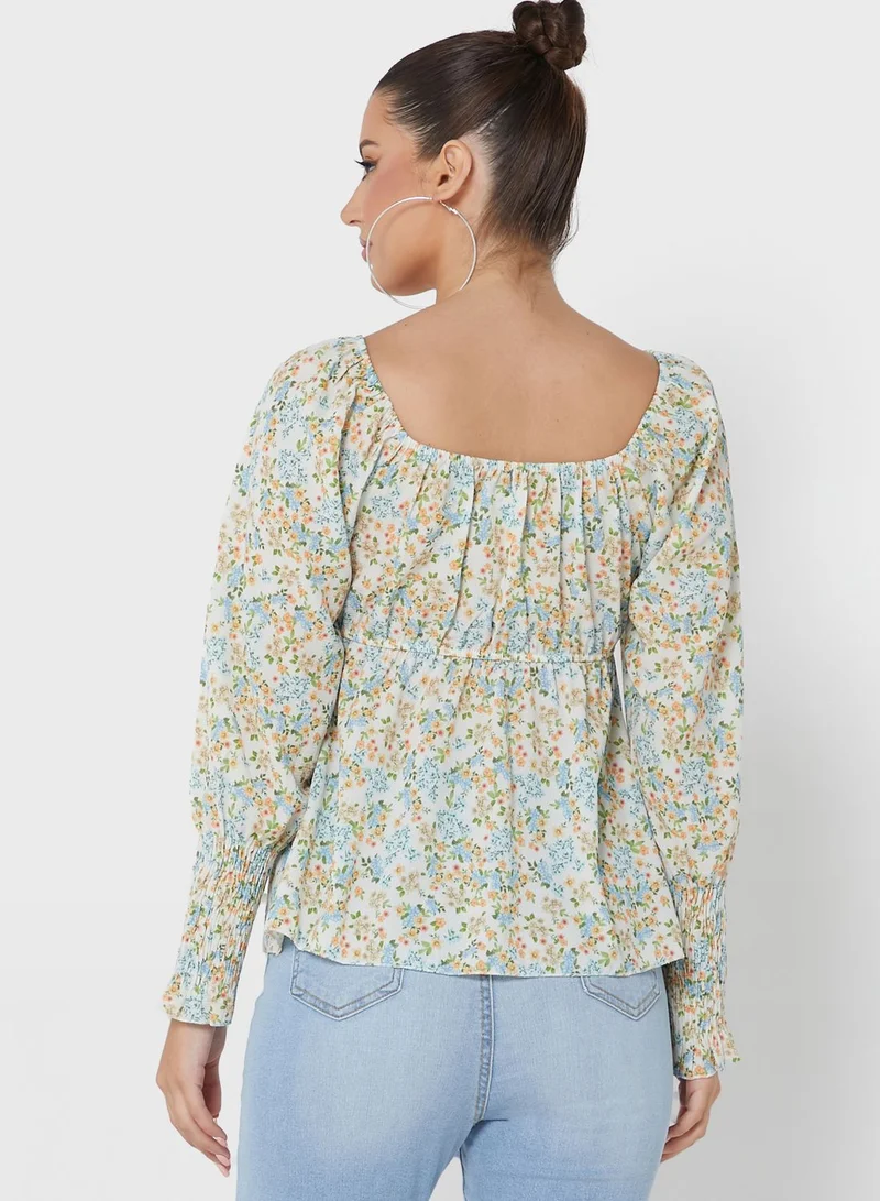 boohoo Tie Detail Floral Print Top