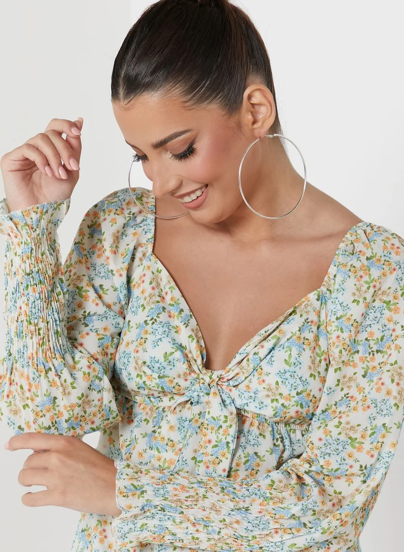 boohoo Tie Detail Floral Print Top
