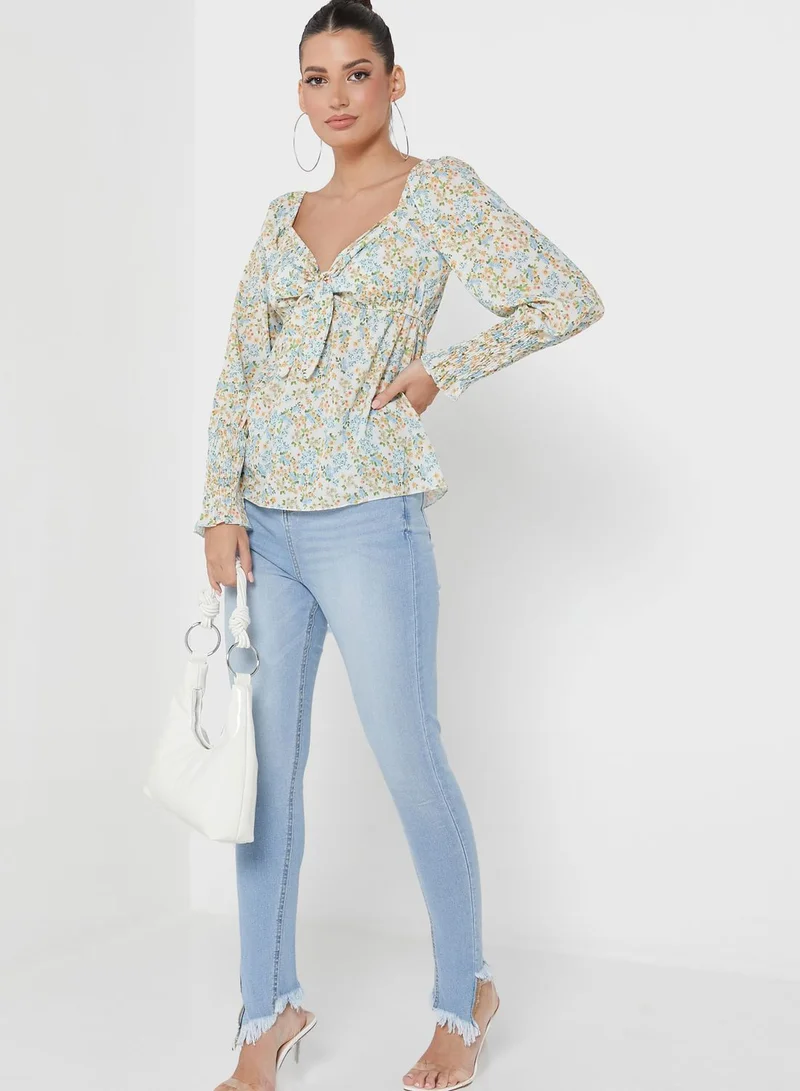 boohoo Tie Detail Floral Print Top