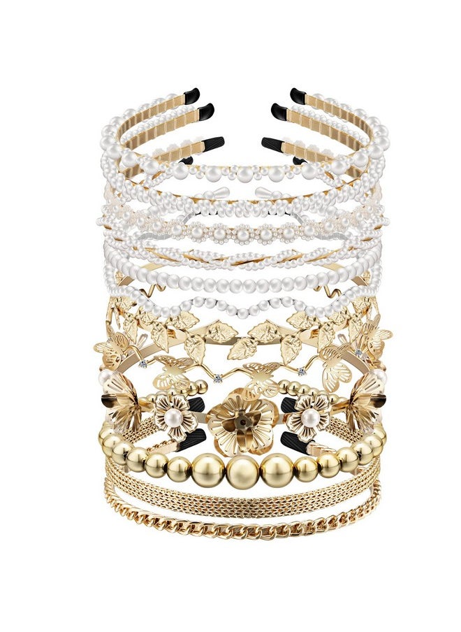 Juinte - Lamburee 12 Pcs Pearls Headband Rhinestones Hairbands White Faux Pearl Bridal Headband Gold Alloy Flower Head Band Metallic Butterfly Hair Hoop Headband Wedding Hair Accessories For Women Girls - Image 1