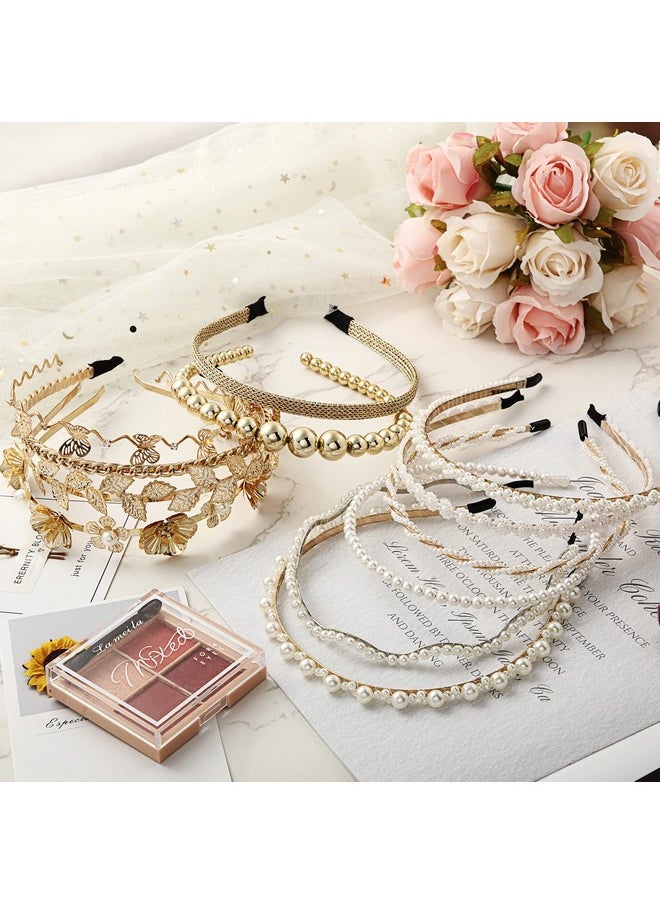 Juinte - Lamburee 12 Pcs Pearls Headband Rhinestones Hairbands White Faux Pearl Bridal Headband Gold Alloy Flower Head Band Metallic Butterfly Hair Hoop Headband Wedding Hair Accessories For Women Girls - Image 1
