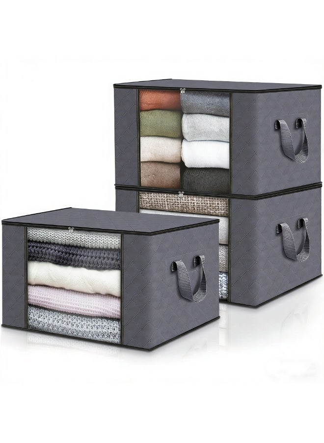3-Piece Foldable Blanket Storage Bags Large Capacity Clothes Storage Box for Organizing Bedroom, Closet, Clothing, Sweater Organization Storage Containers with Lids and Handle, Clear Window 60×40×35cm(Grey) - Image 1