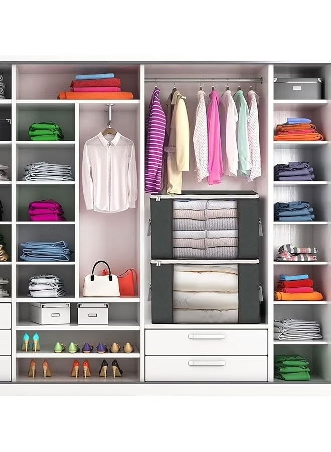 3-Piece Foldable Blanket Storage Bags Large Capacity Clothes Storage Box for Organizing Bedroom, Closet, Clothing, Sweater Organization Storage Containers with Lids and Handle, Clear Window 60×40×35cm(Grey) - Image 2
