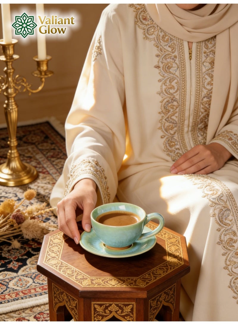 Valiant Glow Ceramic coffee cup set | Arabic coffee cups | Turkish coffee cups | Coffee cup and saucer | Green | 150ml - Image 1