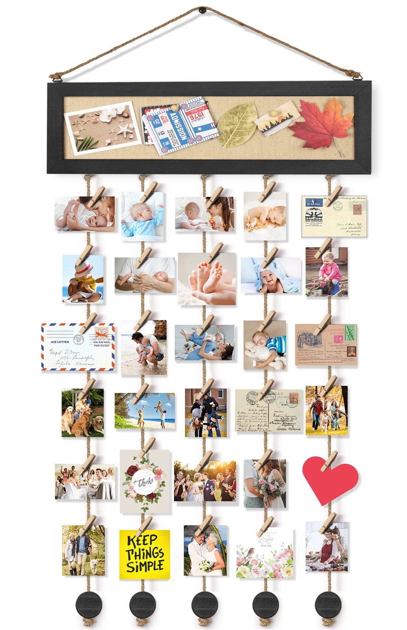 Bikoney Picture Frames Collage Wall Decor Hanging Photo Display Multi Pictures Organizer with Wood Bulletin Board Photo Board 30 Clips and 6 Pushpins for Home and Dorm Room Decor (Black) - Image 1