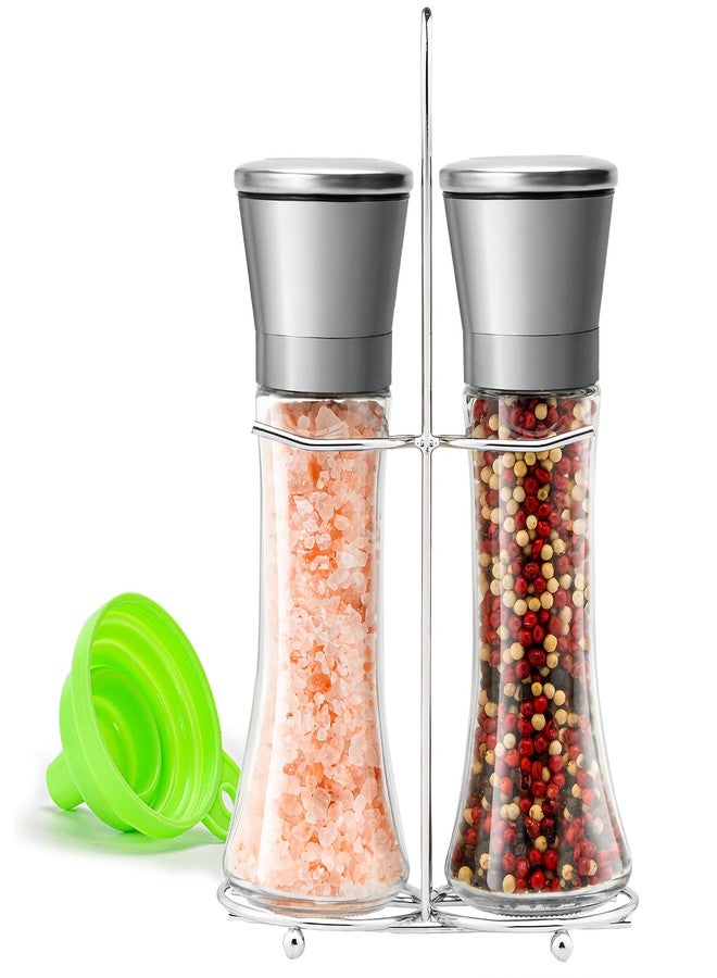 M JINGMEI Salt and Pepper Grinder Set - Stainless Steel Refillable Salt & Peppercorn Shakers (2.6"W x 7.5"H - 2 Pack with Holder) - Image 1