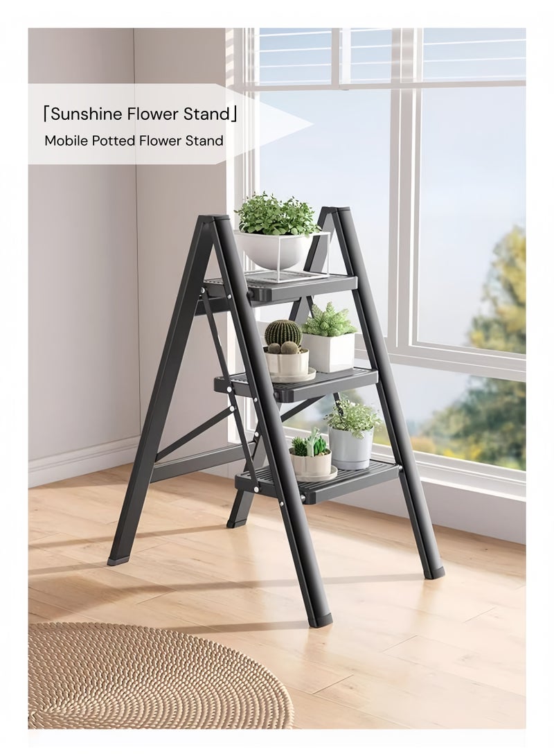 Black 3-Step Folding Ladder for Home – Wide Anti-Slip Steps, 150 kg Load Capacity, Space-Saving Stainless Steel Step Stool for Kitchen, Bedroom and Office - Image 5