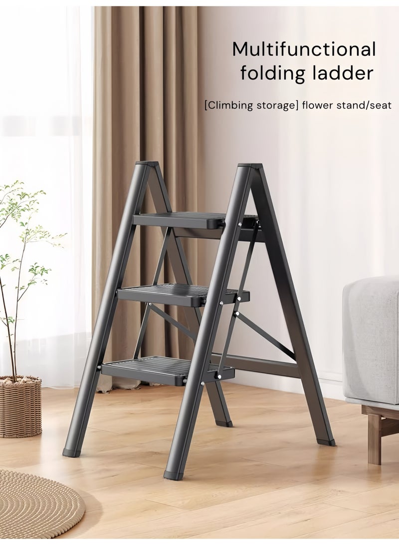 Black 3-Step Folding Ladder for Home – Wide Anti-Slip Steps, 150 kg Load Capacity, Space-Saving Stainless Steel Step Stool for Kitchen, Bedroom and Office - Image 3