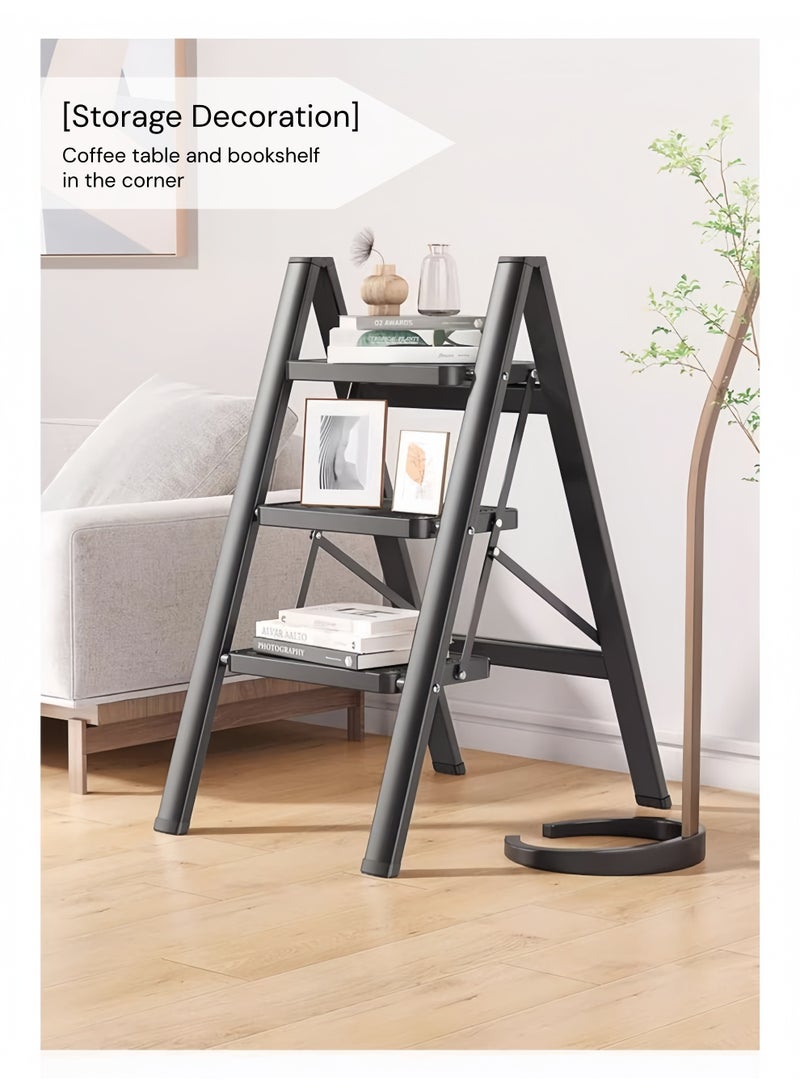 Black 3-Step Folding Ladder for Home – Wide Anti-Slip Steps, 150 kg Load Capacity, Space-Saving Stainless Steel Step Stool for Kitchen, Bedroom and Office - Image 4