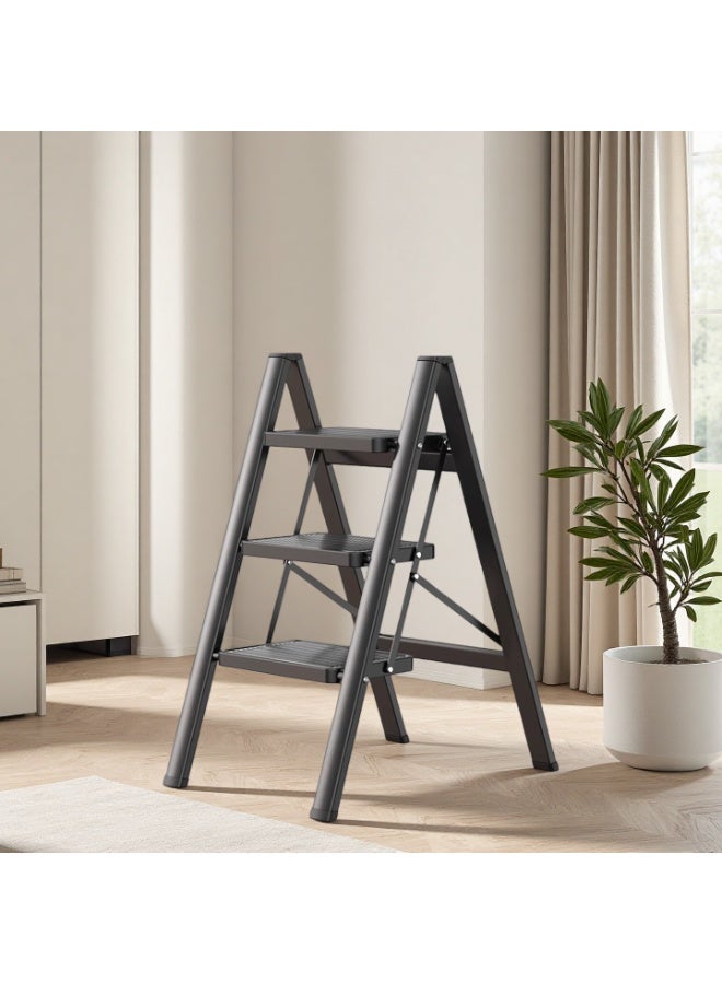 Black 3-Step Folding Ladder for Home – Wide Anti-Slip Steps, 150 kg Load Capacity, Space-Saving Stainless Steel Step Stool for Kitchen, Bedroom and Office - Image 1
