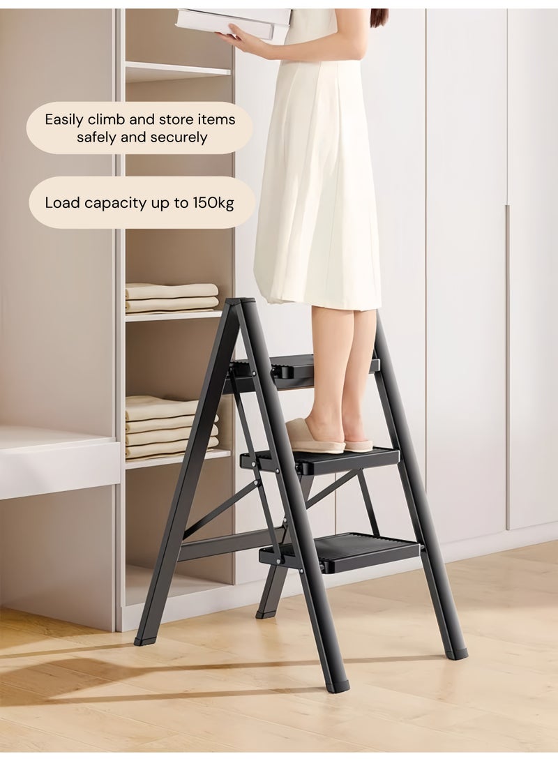 Black 3-Step Folding Ladder for Home – Wide Anti-Slip Steps, 150 kg Load Capacity, Space-Saving Stainless Steel Step Stool for Kitchen, Bedroom and Office - Image 2