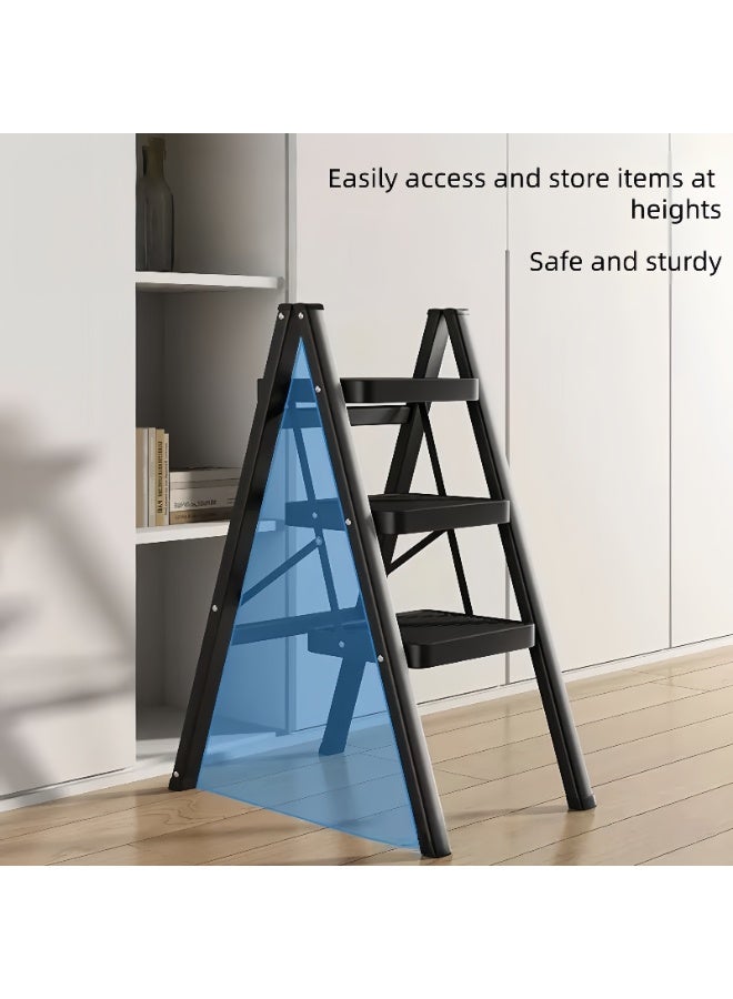 Black 3-Step Folding Ladder for Home – Wide Anti-Slip Steps, 150 kg Load Capacity, Space-Saving Stainless Steel Step Stool for Kitchen, Bedroom and Office - Image 5