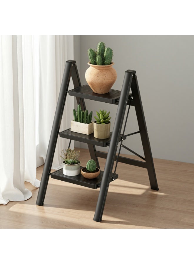 Black 3-Step Folding Ladder for Home – Wide Anti-Slip Steps, 150 kg Load Capacity, Space-Saving Stainless Steel Step Stool for Kitchen, Bedroom and Office - Image 1