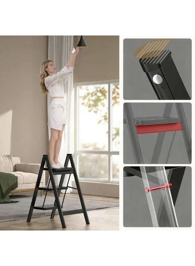 Black 3-Step Folding Ladder for Home – Wide Anti-Slip Steps, 150 kg Load Capacity, Space-Saving Stainless Steel Step Stool for Kitchen, Bedroom and Office - Image 2