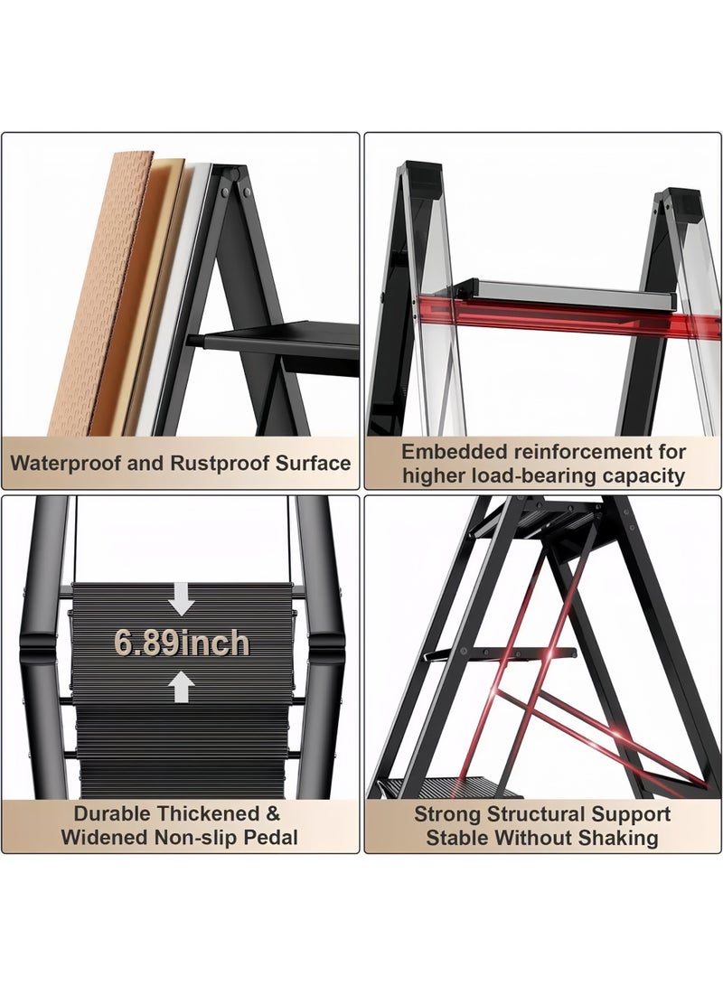 Black 3-Step Folding Ladder for Home – Wide Anti-Slip Steps, 150 kg Load Capacity, Space-Saving Stainless Steel Step Stool for Kitchen, Bedroom and Office - Image 4