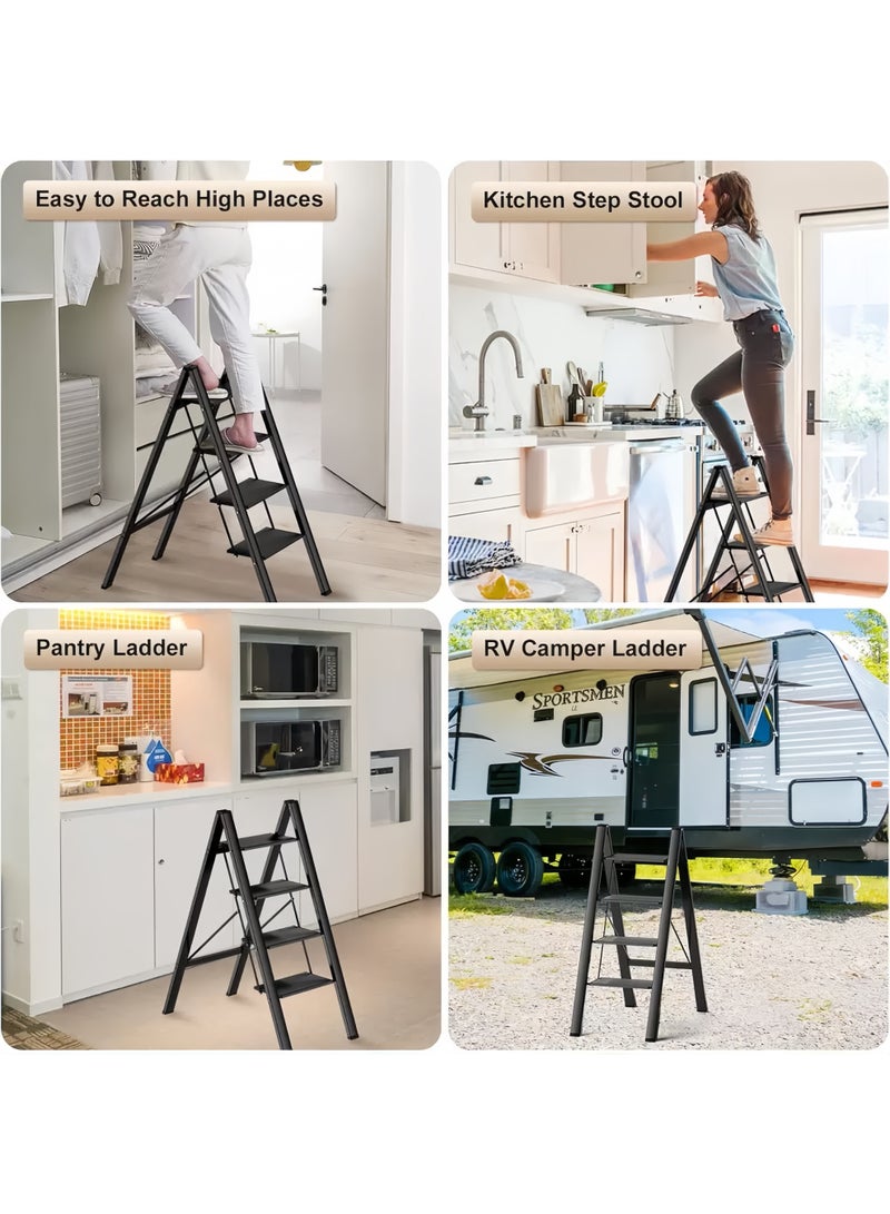 Black 3-Step Folding Ladder for Home – Wide Anti-Slip Steps, 150 kg Load Capacity, Space-Saving Stainless Steel Step Stool for Kitchen, Bedroom and Office - Image 3