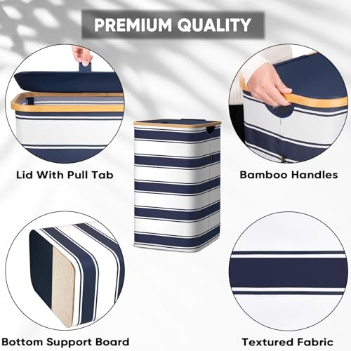 BALEINE Laundry Hamper with Lid Tall Laundry Baskets with Bamboo Pull Handles Large Laundry Bin with Internal Support 26 Gal100L Blue Stripe - Image 3