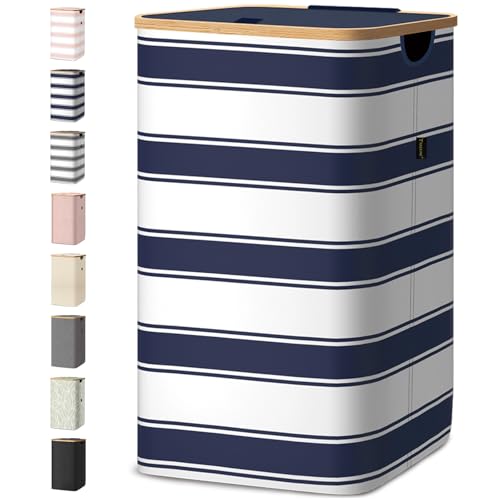 BALEINE Laundry Hamper with Lid Tall Laundry Baskets with Bamboo Pull Handles Large Laundry Bin with Internal Support 26 Gal100L Blue Stripe - Image 1