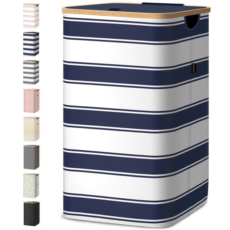 BALEINE Laundry Hamper with Lid Tall Laundry Baskets with Bamboo Pull Handles Large Laundry Bin with Internal Support 26 Gal100L Blue Stripe - Image 2