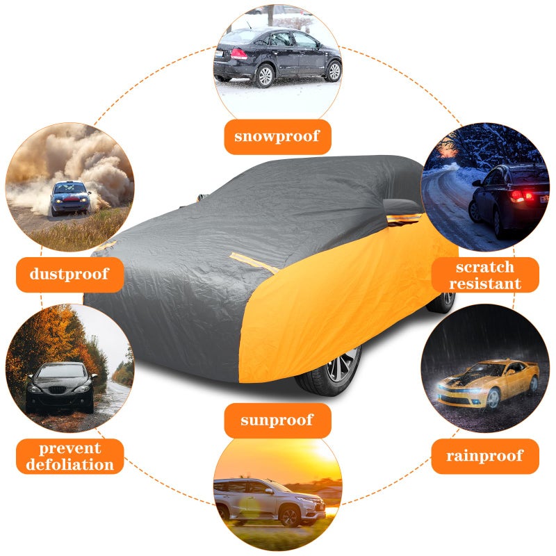 Riakrum Full Car Cover Waterproof All Weather for Automobiles Windproof Cover Rain UV Protection Sun Scratch Resistant Outdoor Universal(Fit Sedan Length (185-193'') 70'' H,Black, Orange) - Image 5