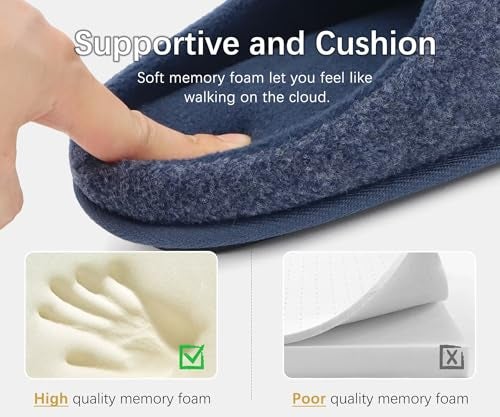 ONCAI Men's House Slippers Size 11 Memory Foam Cotton-Blend Slip-On Pantuflas Hombres Warm Cozy Scuff Home Felt Dark Blue Bedroom Shoes with Wide Width Indoor/Outdoor Washable Rubber Soles - Image 4