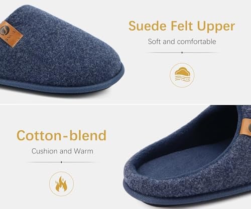 ONCAI Men's House Slippers Size 11 Memory Foam Cotton-Blend Slip-On Pantuflas Hombres Warm Cozy Scuff Home Felt Dark Blue Bedroom Shoes with Wide Width Indoor/Outdoor Washable Rubber Soles - Image 5