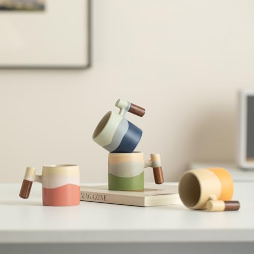 ZPGXLRZ 24oz Ceramic Espresso Cups Set of 4 Small Coffee Cups with Wooden Handle Gradient Color Demitasse Cups Ceramic Tea Cups Gift Box Packaging - Image 3