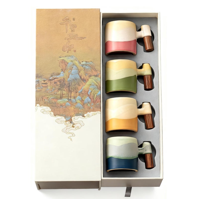 ZPGXLRZ 24oz Ceramic Espresso Cups Set of 4 Small Coffee Cups with Wooden Handle Gradient Color Demitasse Cups Ceramic Tea Cups Gift Box Packaging - Image 2