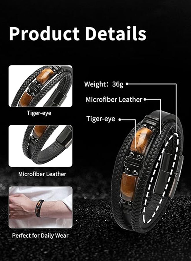 Sweet Life Tiger Eye Black Leather Bracelet, Men Natural Tiger Eye Gemstone Crystal Stone Jewelry Handmade Courage And Stress Relief Protection Bracelet - Image 5