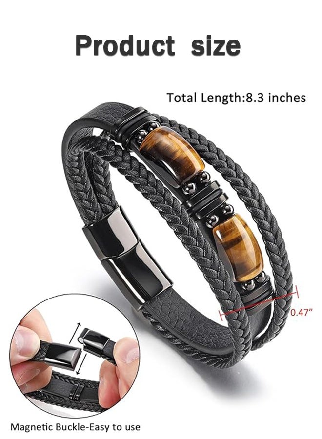 Sweet Life Tiger Eye Black Leather Bracelet, Men Natural Tiger Eye Gemstone Crystal Stone Jewelry Handmade Courage And Stress Relief Protection Bracelet - Image 2
