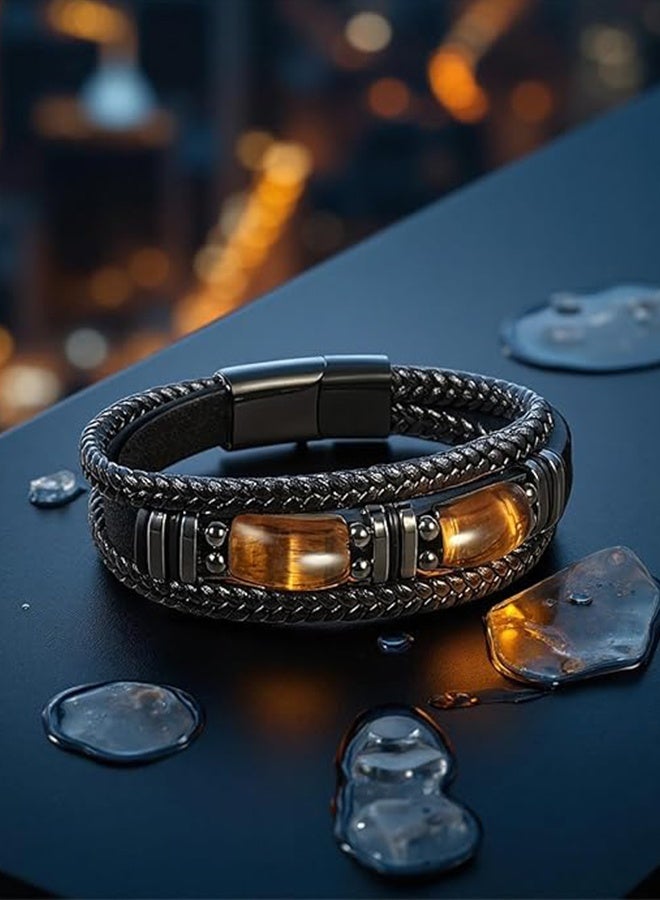 Sweet Life Tiger Eye Black Leather Bracelet, Men Natural Tiger Eye Gemstone Crystal Stone Jewelry Handmade Courage And Stress Relief Protection Bracelet - Image 4