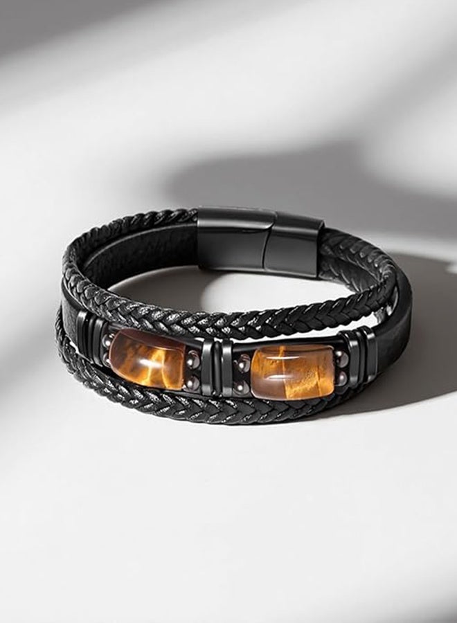 Sweet Life Tiger Eye Black Leather Bracelet, Men Natural Tiger Eye Gemstone Crystal Stone Jewelry Handmade Courage And Stress Relief Protection Bracelet - Image 3