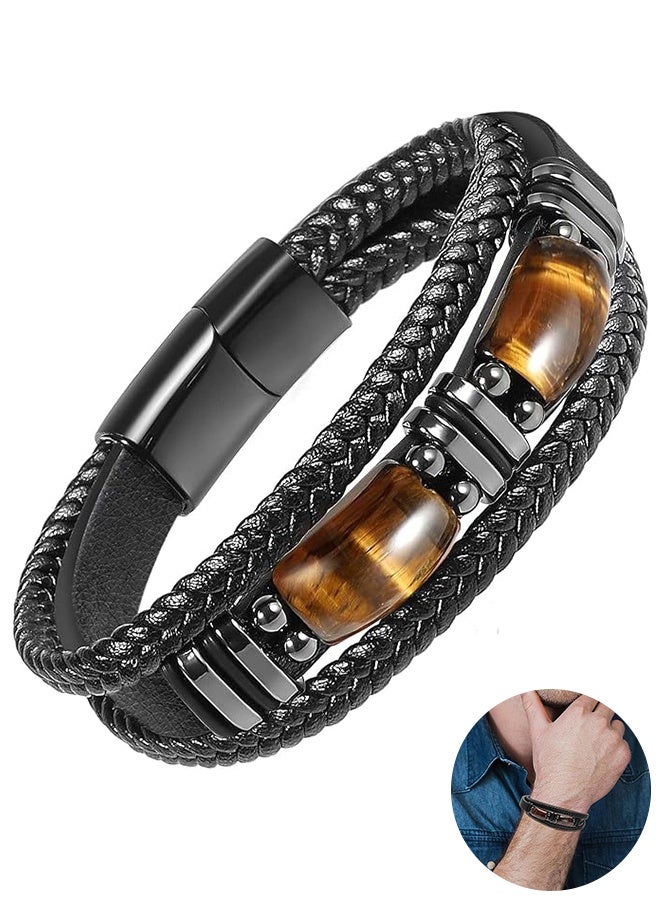 Sweet Life Tiger Eye Black Leather Bracelet, Men Natural Tiger Eye Gemstone Crystal Stone Jewelry Handmade Courage And Stress Relief Protection Bracelet - Image 1